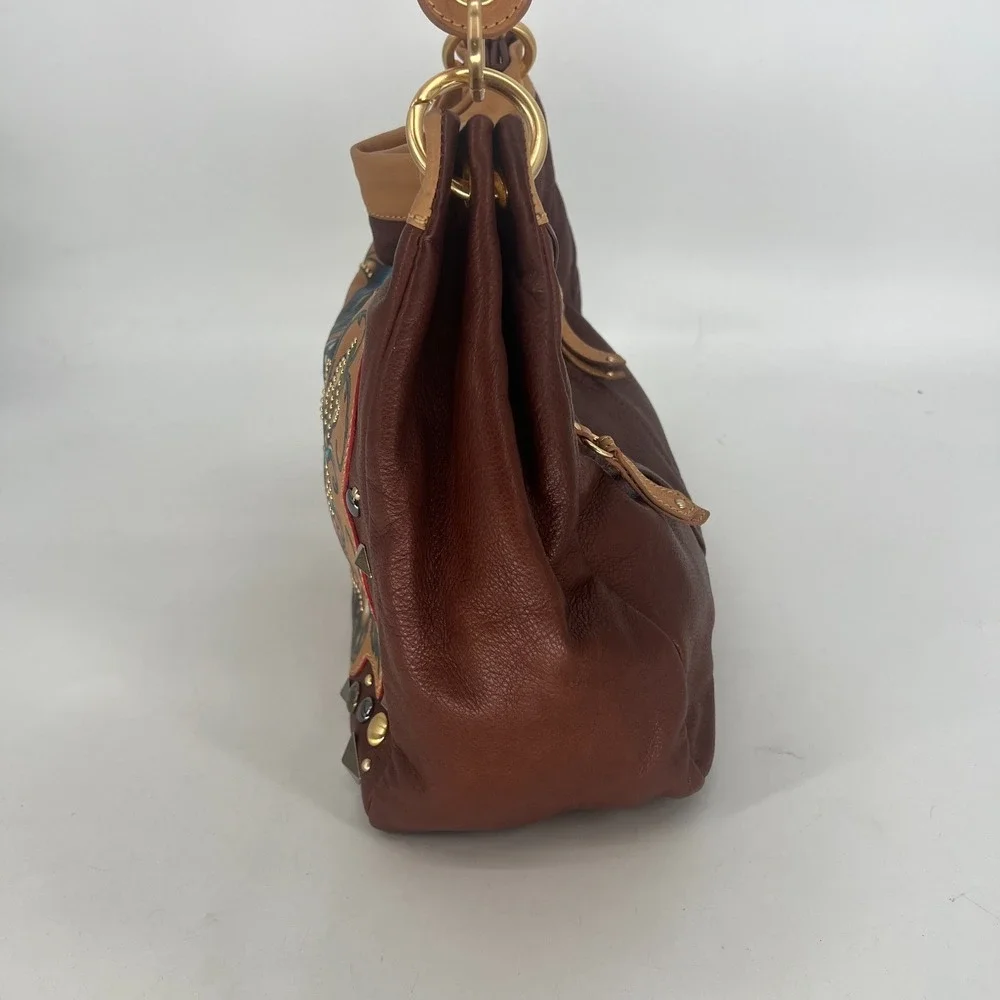 Vtg Isabella Fiore Peace & Love Rafaela Hobo Brown‎ Handbag Leather Y2K Tattoo